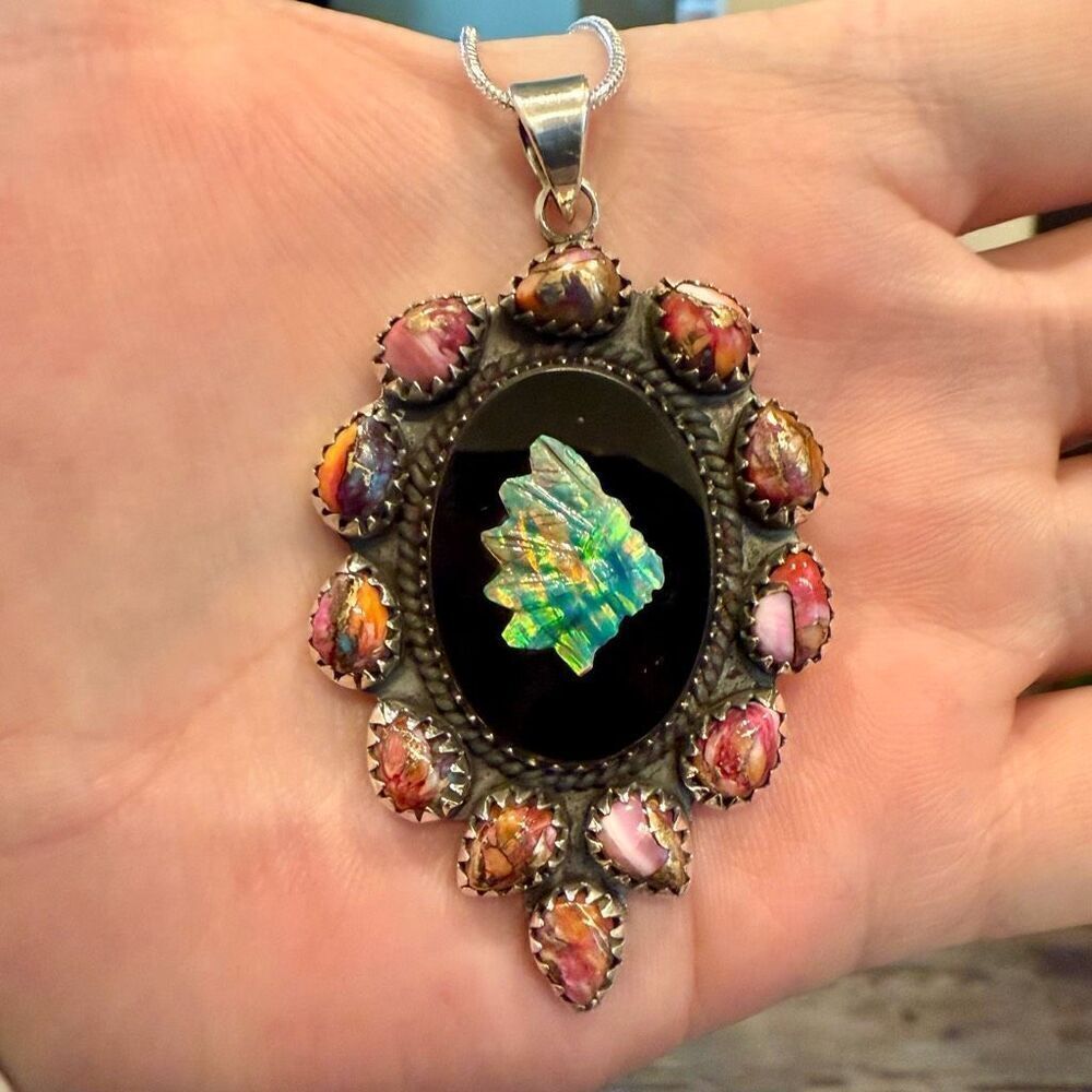 Multicolor Opal-Inspired Glass Pendant Necklace with Pink Accent Stones